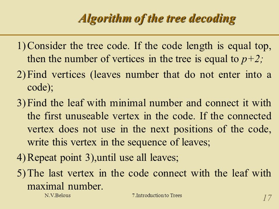 N.V.Belous7.Introduction to Trees 17 Algorithm of the tree decoding 1)Consider the tree code.