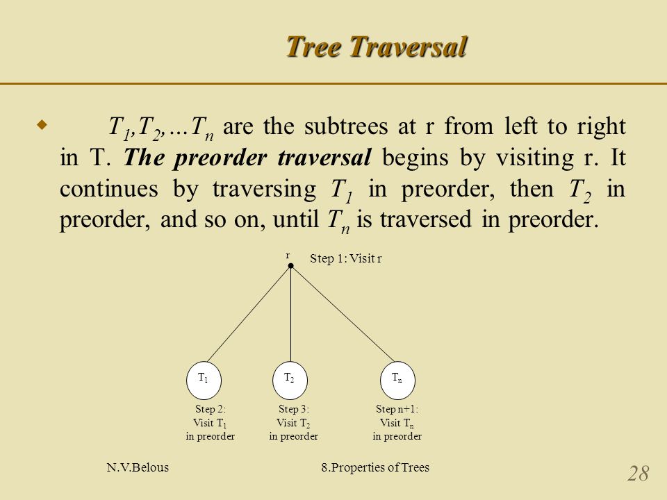 N.V.Belous8.Properties of Trees 28 Tree Traversal  T 1,T 2,…T n are the subtrees at r from left to right in T.