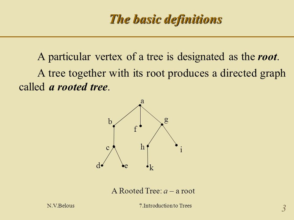 N.V.Belous7.Introduction to Trees 3 The basic definitions A particular vertex of a tree is designated as the root.