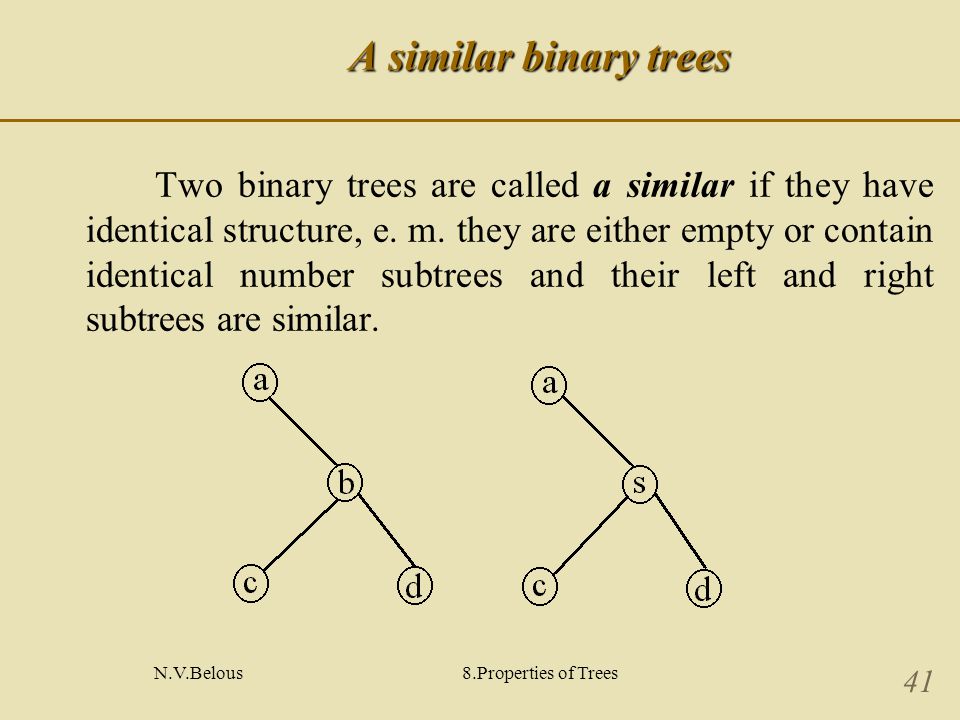 N.V.Belous8.Properties of Trees 41 A similar binary trees Two binary trees are called a similar if they have identical structure, e.