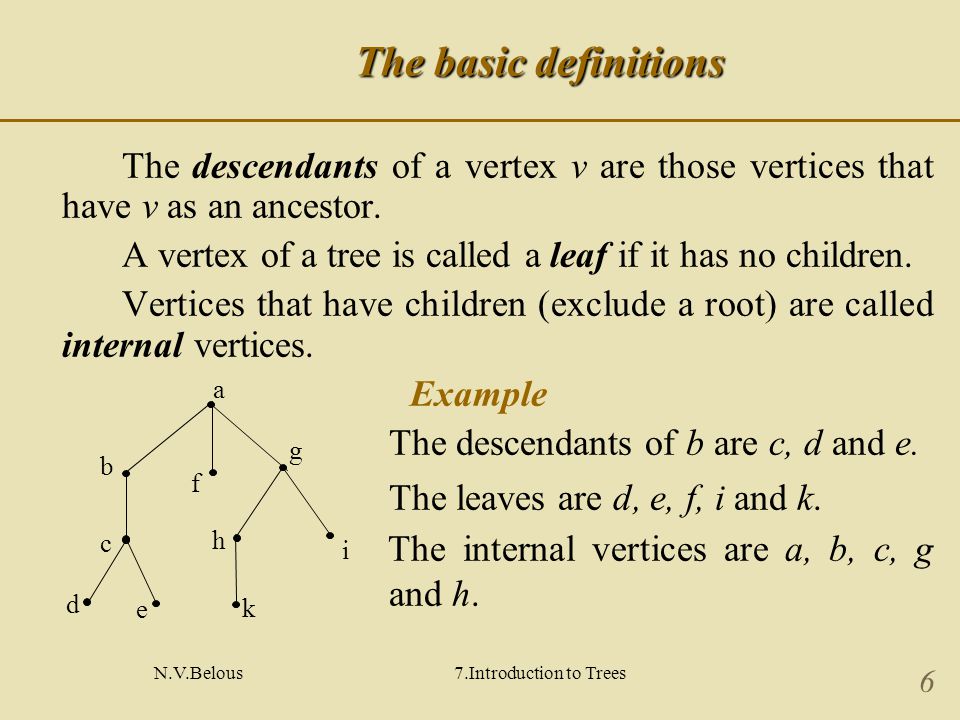 N.V.Belous7.Introduction to Trees 6 The basic definitions The descendants of a vertex v are those vertices that have v as an ancestor.