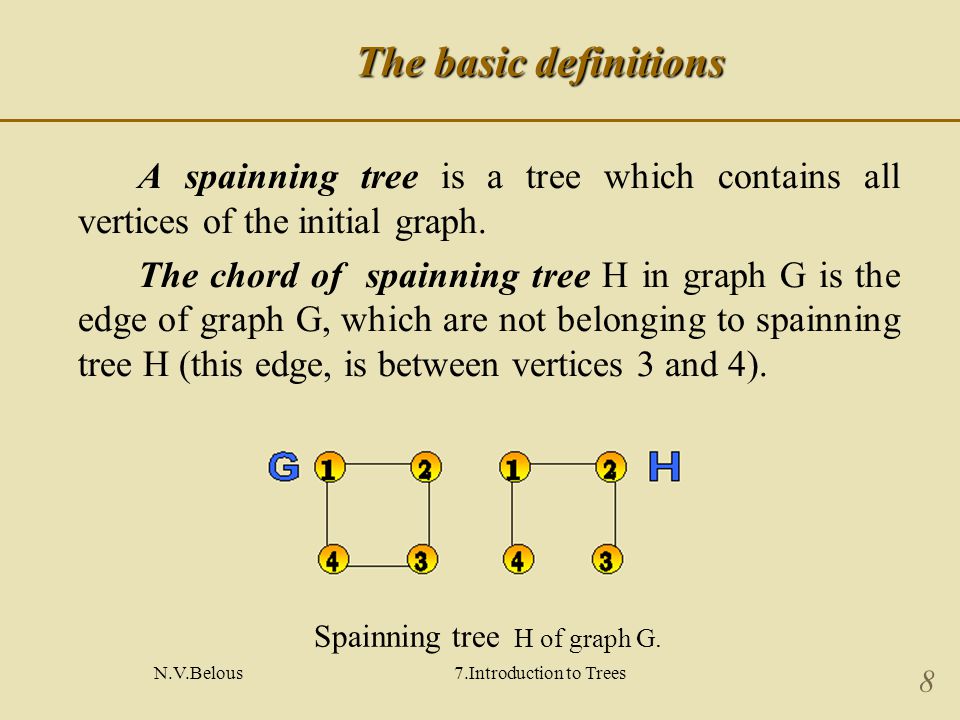 N.V.Belous7.Introduction to Trees 8 The basic definitions A spainning tree is a tree which contains all vertices of the initial graph.