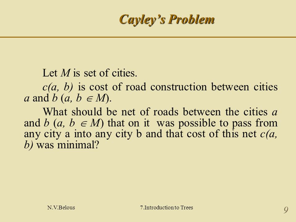 N.V.Belous7.Introduction to Trees 9 Cayley’s Problem Let М is set of cities.