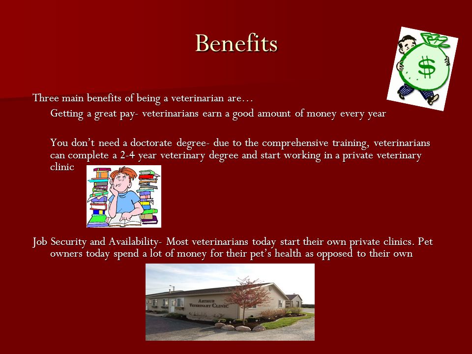 Benefits Three main benefits of being a veterinarian are… Getting a great pay- veterinarians earn a good amount of money every year You don’t need a doctorate degree- due to the comprehensive training, veterinarians can complete a 2-4 year veterinary degree and start working in a private veterinary clinic Job Security and Availability- Most veterinarians today start their own private clinics.