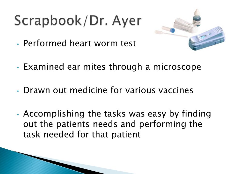 Performed heart worm test Examined ear mites through a microscope Drawn out medicine for various vaccines Accomplishing the tasks was easy by finding out the patients needs and performing the task needed for that patient
