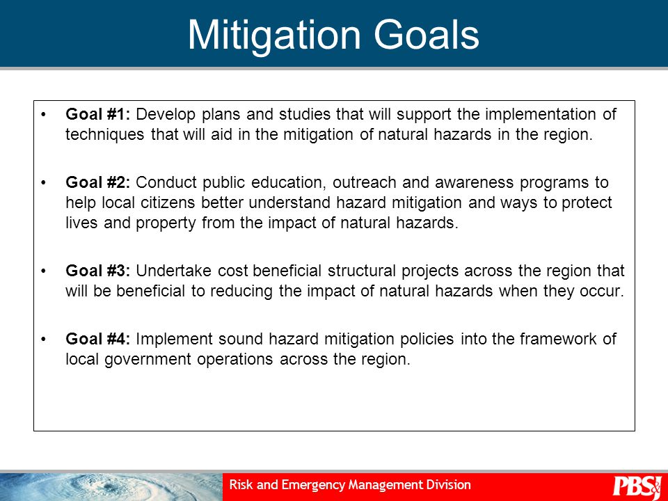 Risk and Emergency Management Division Mitigation Goals Goal #1: Develop plans and studies that will support the implementation of techniques that will aid in the mitigation of natural hazards in the region.