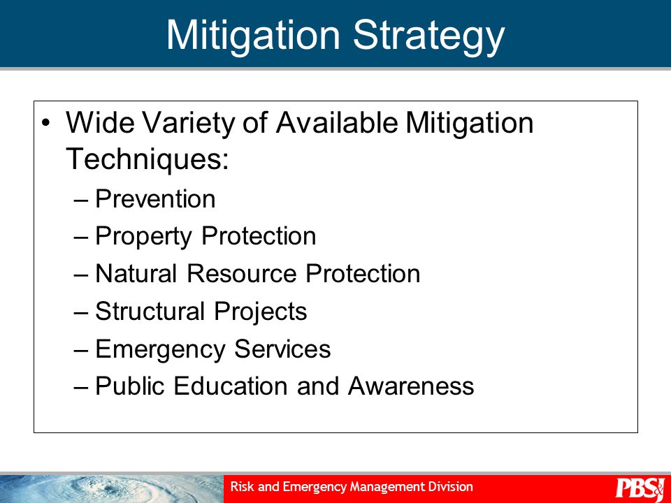 Risk and Emergency Management Division Mitigation Strategy Wide Variety of Available Mitigation Techniques: –Prevention –Property Protection –Natural Resource Protection –Structural Projects –Emergency Services –Public Education and Awareness