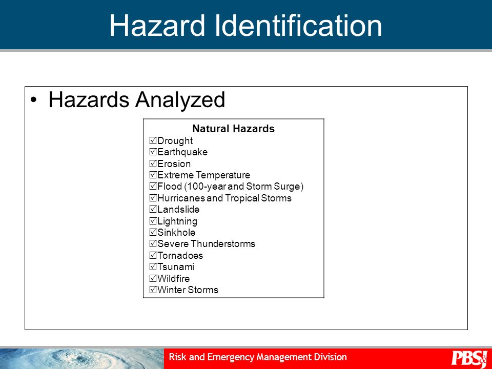 Risk and Emergency Management Division Hazard Identification Hazards Analyzed Natural Hazards  Drought  Earthquake  Erosion  Extreme Temperature  Flood (100-year and Storm Surge)  Hurricanes and Tropical Storms  Landslide  Lightning  Sinkhole  Severe Thunderstorms  Tornadoes  Tsunami  Wildfire  Winter Storms