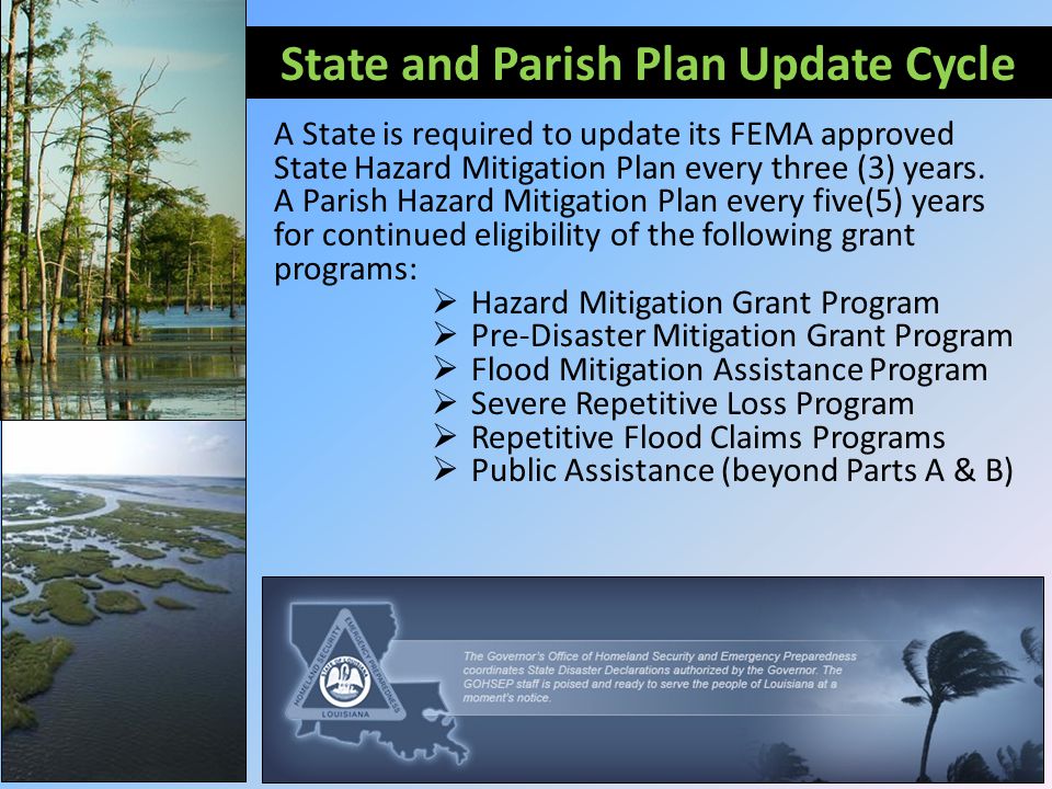 State and Parish Plan Update Cycle A State is required to update its FEMA approved State Hazard Mitigation Plan every three (3) years.