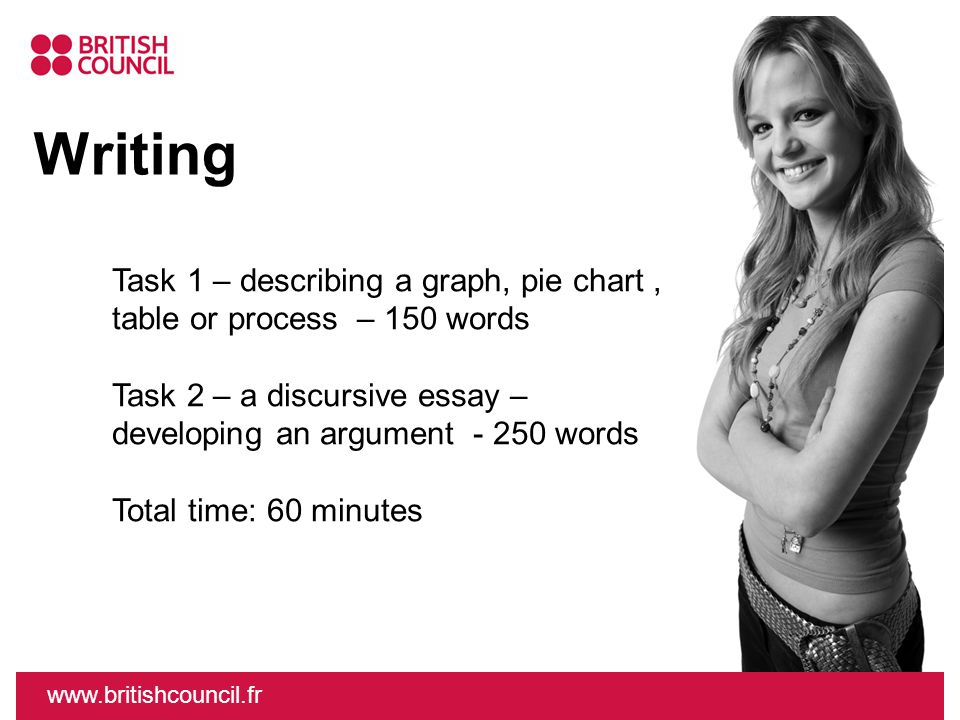 Writing   Task 1 – describing a graph, pie chart, table or process – 150 words Task 2 – a discursive essay – developing an argument words Total time: 60 minutes