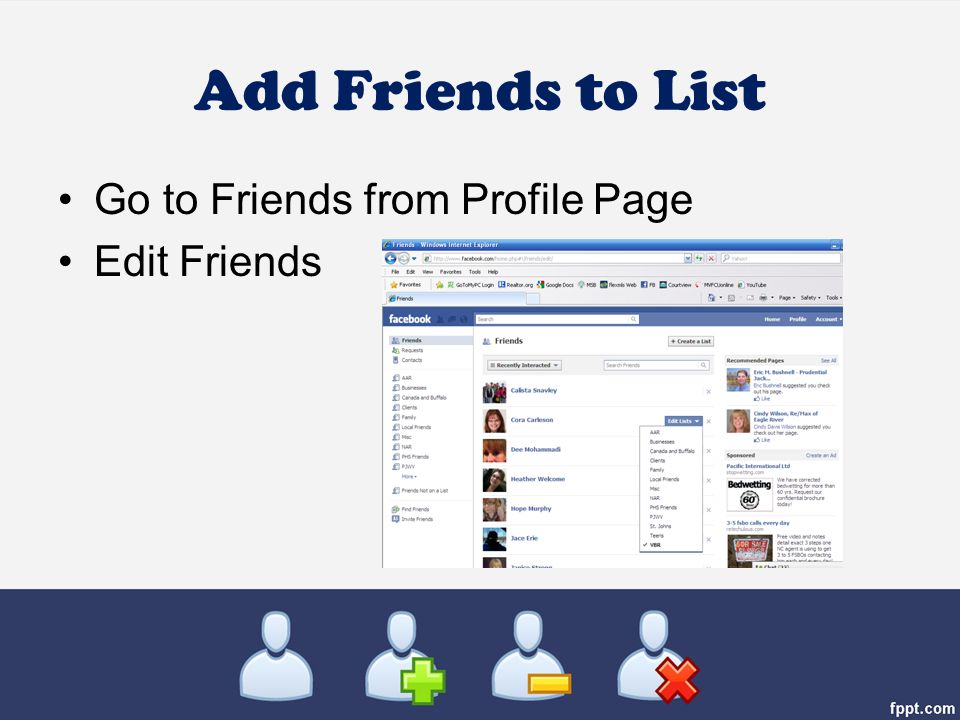 Add Friends to List Go to Friends from Profile Page Edit Friends