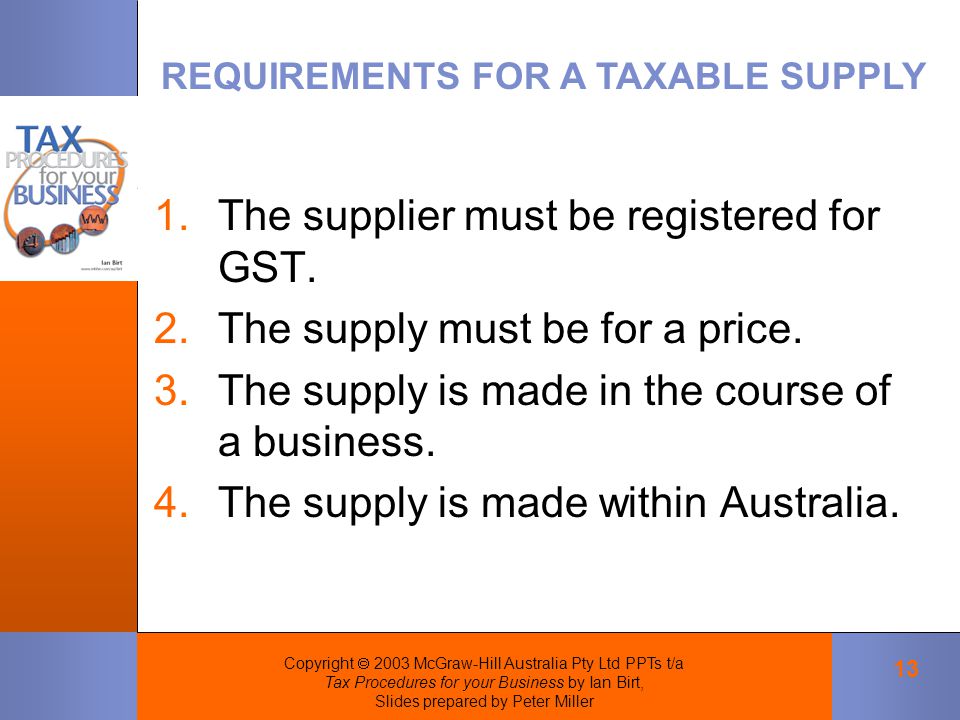 Copyright  2003 McGraw-Hill Australia Pty Ltd PPTs t/a Tax Procedures for your Business by Ian Birt, Slides prepared by Peter Miller 13 1.The supplier must be registered for GST.
