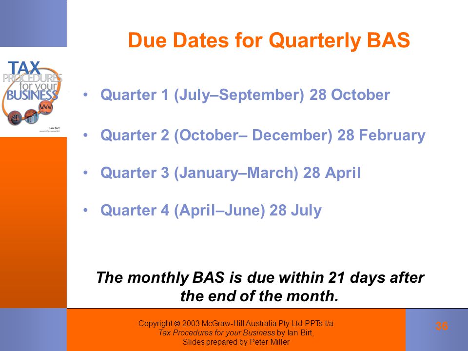 Copyright  2003 McGraw-Hill Australia Pty Ltd PPTs t/a Tax Procedures for your Business by Ian Birt, Slides prepared by Peter Miller 36 Due Dates for Quarterly BAS The monthly BAS is due within 21 days after the end of the month.