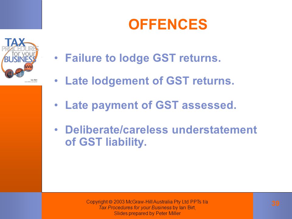Copyright  2003 McGraw-Hill Australia Pty Ltd PPTs t/a Tax Procedures for your Business by Ian Birt, Slides prepared by Peter Miller 39 OFFENCES Failure to lodge GST returns.