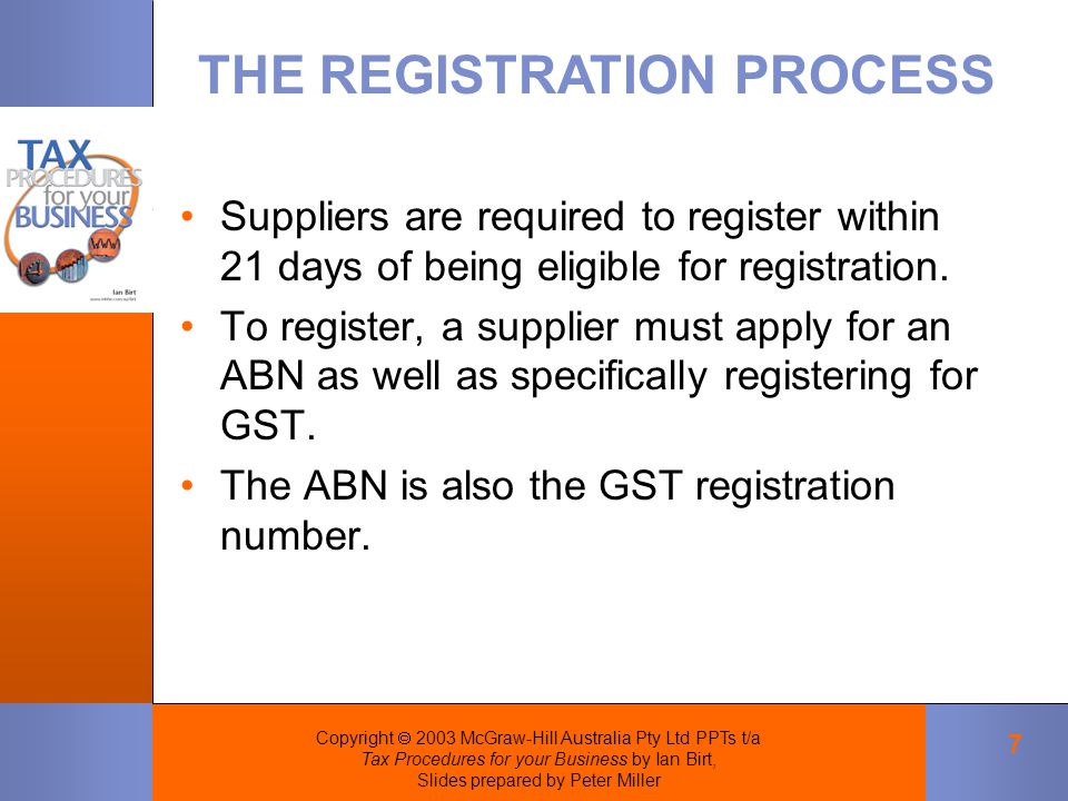 Copyright  2003 McGraw-Hill Australia Pty Ltd PPTs t/a Tax Procedures for your Business by Ian Birt, Slides prepared by Peter Miller 7 Suppliers are required to register within 21 days of being eligible for registration.