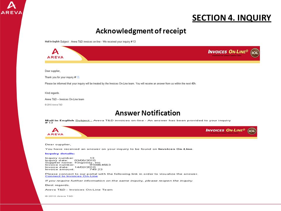 SECTION 4. INQUIRY Acknowledgment of receipt Answer Notification