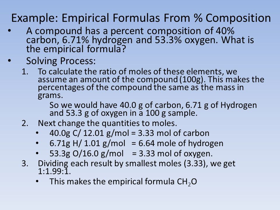 Example: Empirical Formulas From % Composition A compound has a percent composition of 40% carbon, 6.71% hydrogen and 53.3% oxygen.