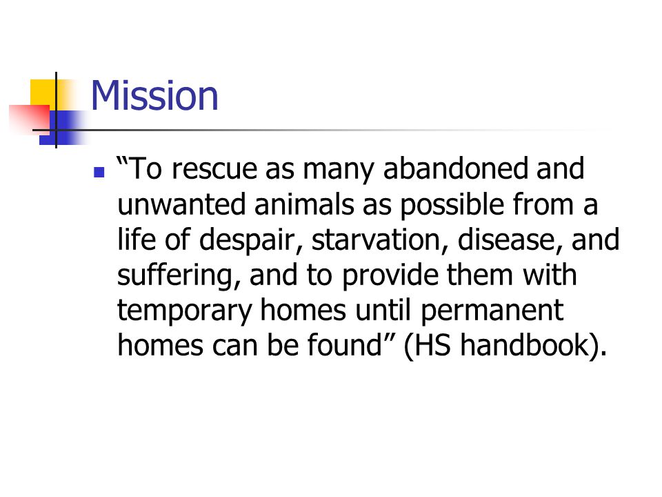 Mission To rescue as many abandoned and unwanted animals as possible from a life of despair, starvation, disease, and suffering, and to provide them with temporary homes until permanent homes can be found (HS handbook).