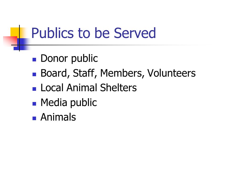 Publics to be Served Donor public Board, Staff, Members, Volunteers Local Animal Shelters Media public Animals