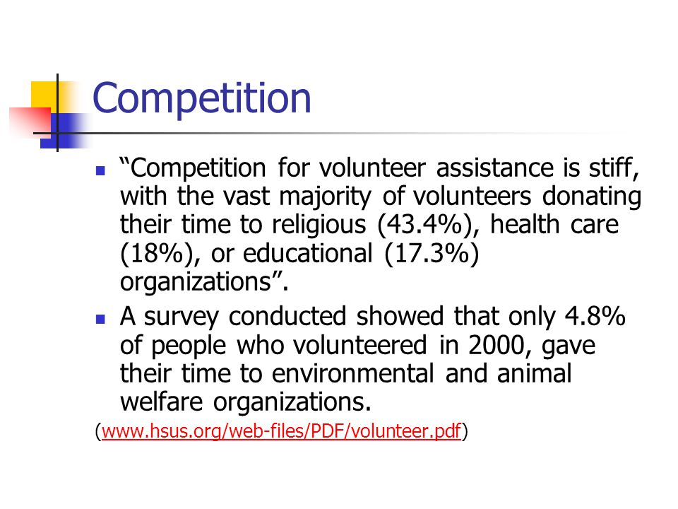 Competition Competition for volunteer assistance is stiff, with the vast majority of volunteers donating their time to religious (43.4%), health care (18%), or educational (17.3%) organizations .