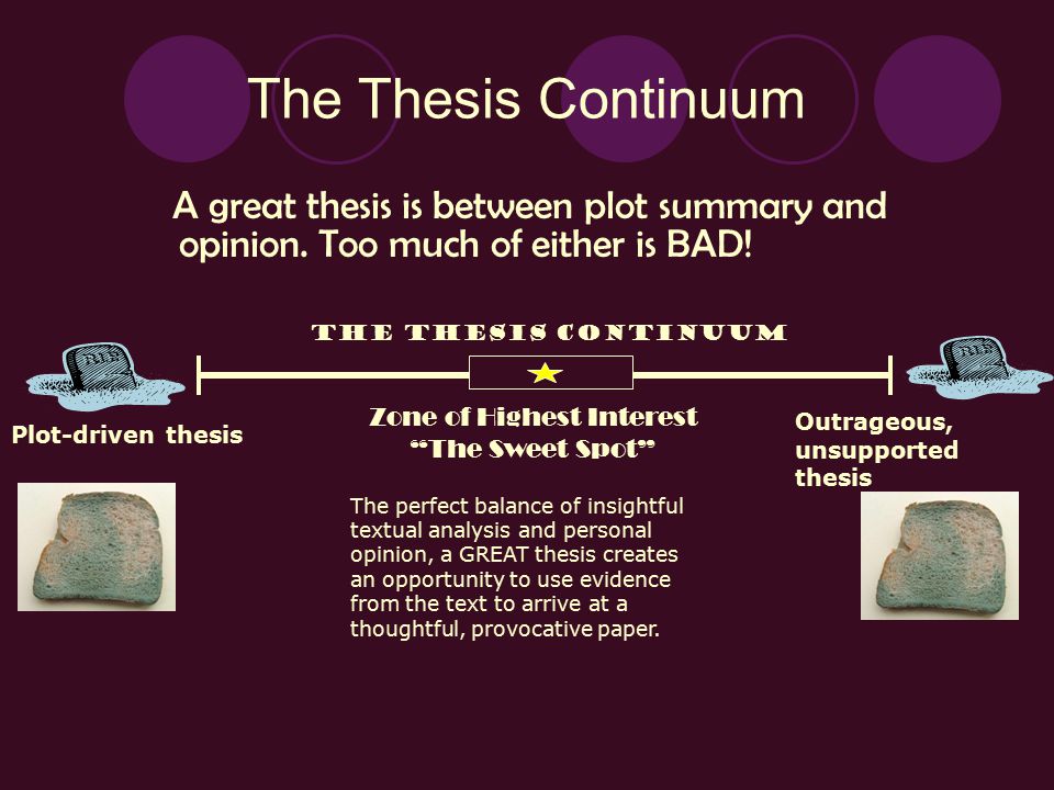 The Thesis Continuum A great thesis is between plot summary and opinion.