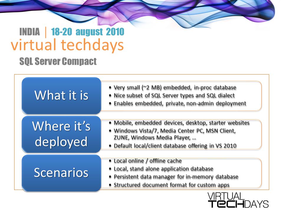 virtual techdays INDIA │ august 2010 SQL Server Compact