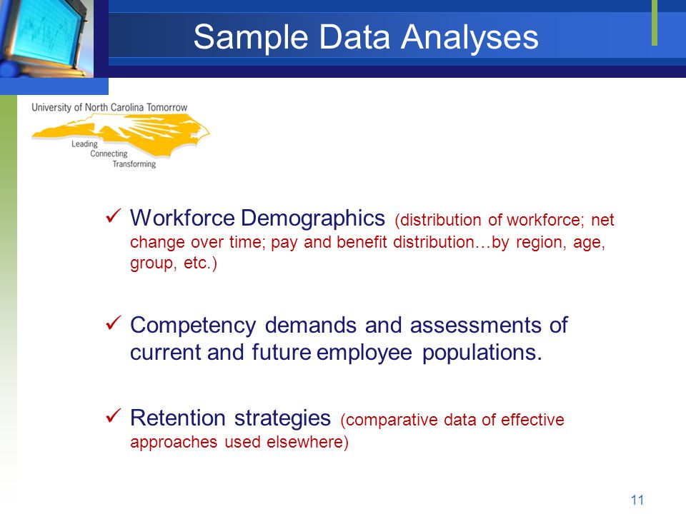 Sample Data Analyses Workforce Demographics (distribution of workforce; net change over time; pay and benefit distribution…by region, age, group, etc.) Competency demands and assessments of current and future employee populations.