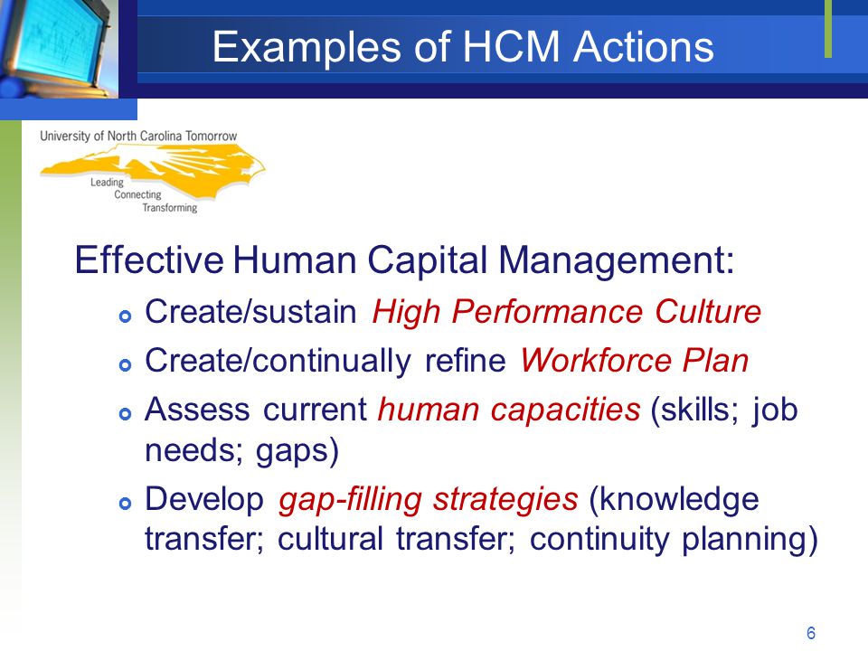 Examples of HCM Actions Effective Human Capital Management:  Create/sustain High Performance Culture  Create/continually refine Workforce Plan  Assess current human capacities (skills; job needs; gaps)  Develop gap-filling strategies (knowledge transfer; cultural transfer; continuity planning) 6