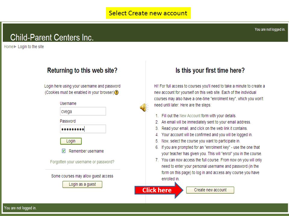 Select Log-in to create an account Click here