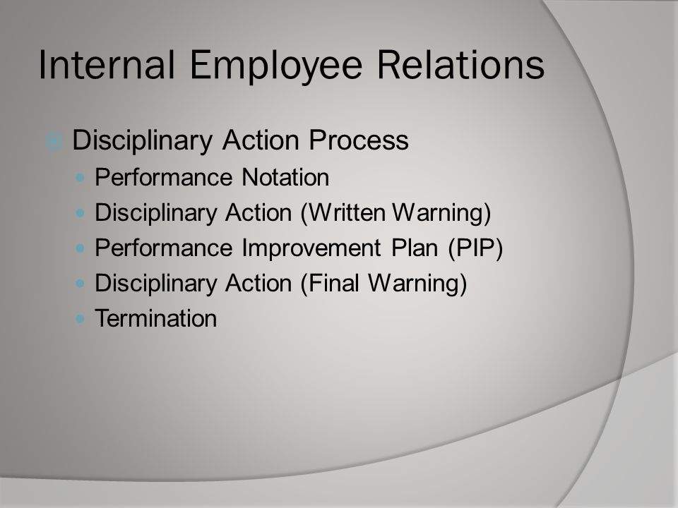 Internal Employee Relations  Disciplinary Action Process Performance Notation Disciplinary Action (Written Warning) Performance Improvement Plan (PIP) Disciplinary Action (Final Warning) Termination