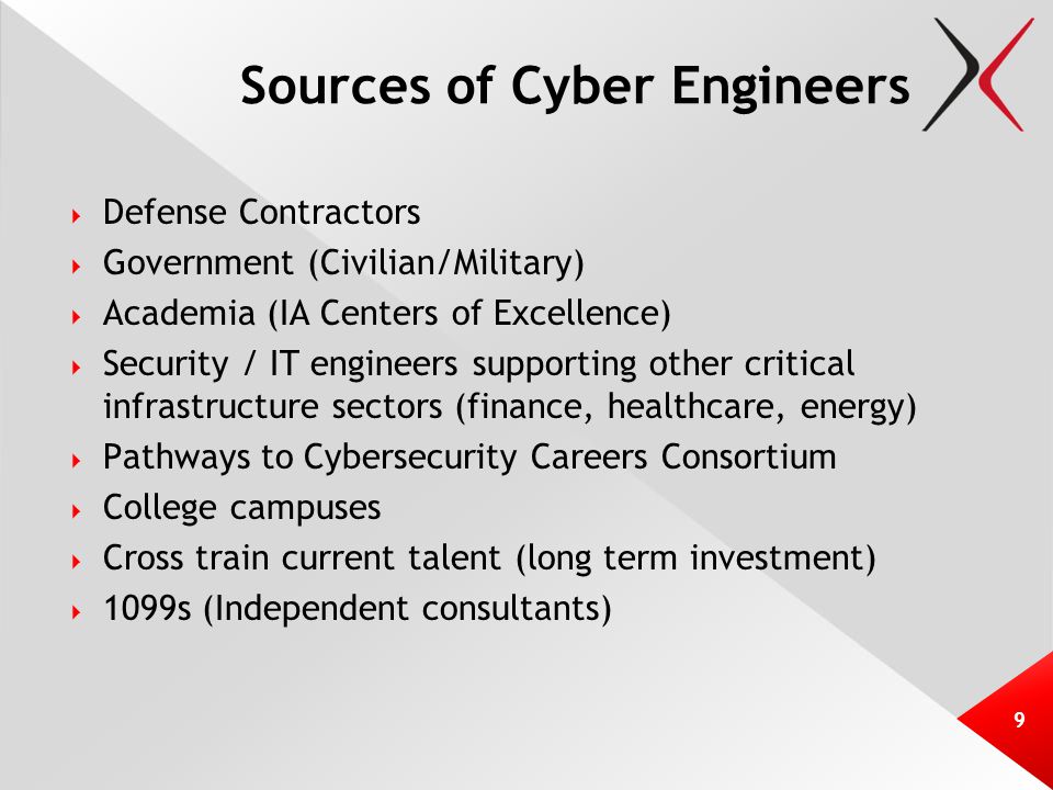Sources of Cyber Engineers  Defense Contractors  Government (Civilian/Military)  Academia (IA Centers of Excellence)  Security / IT engineers supporting other critical infrastructure sectors (finance, healthcare, energy)  Pathways to Cybersecurity Careers Consortium  College campuses  Cross train current talent (long term investment)  1099s (Independent consultants) 9