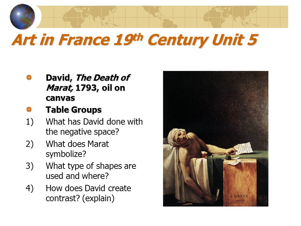Art in France 19 th Century Unit 5 David, The Death of Marat, 1793, oil on canvas Table Groups 1)What has David done with the negative space.