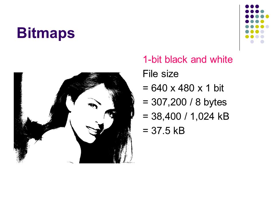 Bitmaps 1-bit black and white File size = 640 x 480 x 1 bit = 307,200 / 8 bytes = 38,400 / 1,024 kB = 37.5 kB