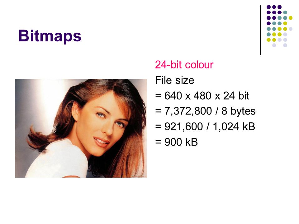 Bitmaps 24-bit colour File size = 640 x 480 x 24 bit = 7,372,800 / 8 bytes = 921,600 / 1,024 kB = 900 kB