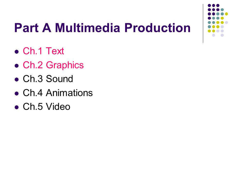 Part A Multimedia Production Ch.1 Text Ch.2 Graphics Ch.3 Sound Ch.4 Animations Ch.5 Video