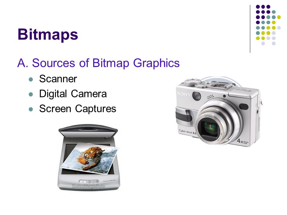 Bitmaps A. Sources of Bitmap Graphics Scanner Digital Camera Screen Captures