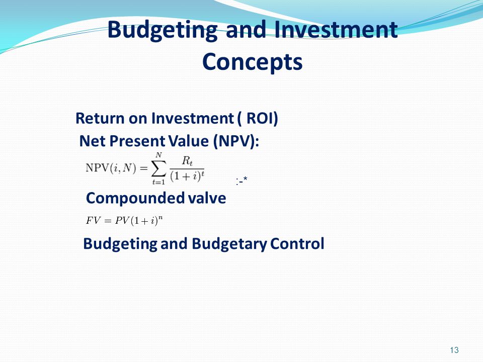 13 Budgeting and Investment Concepts Return on Investment ( ROI) Net Present Value (NPV): Compounded valve Budgeting and Budgetary Control :-*