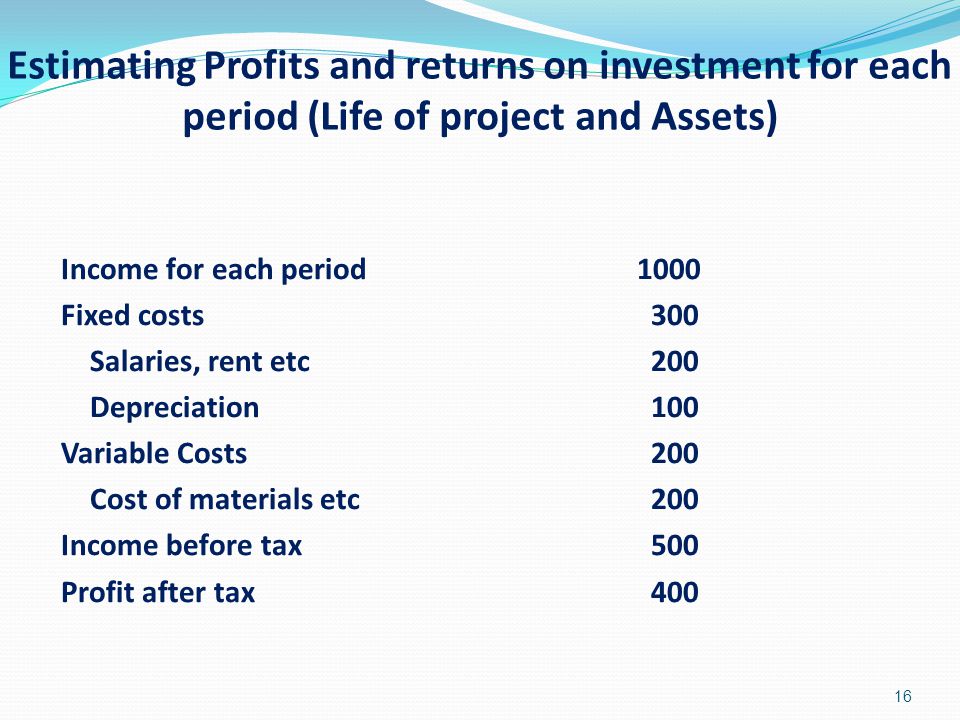 Estimating Profits and returns on investment for each period (Life of project and Assets) Income for each period1000 Fixed costs 300 Salaries, rent etc 200 Depreciation 100 Variable Costs 200 Cost of materials etc 200 Income before tax 500 Profit after tax