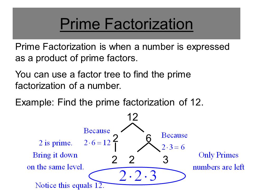 Prime Factorization Prime Factorization is when a number is expressed as a product of prime factors.