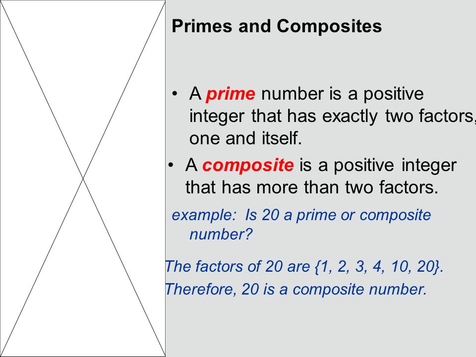 Primes and Composites A prime number is a positive integer that has exactly two factors, one and itself.