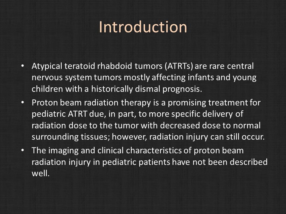 Introduction Atypical teratoid rhabdoid tumors (ATRTs) are rare central nervous system tumors mostly affecting infants and young children with a historically dismal prognosis.