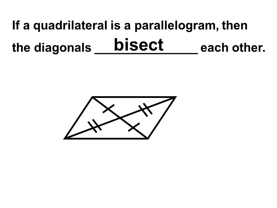 If a quadrilateral is a parallelogram, then the diagonals _______________ each other. bisect