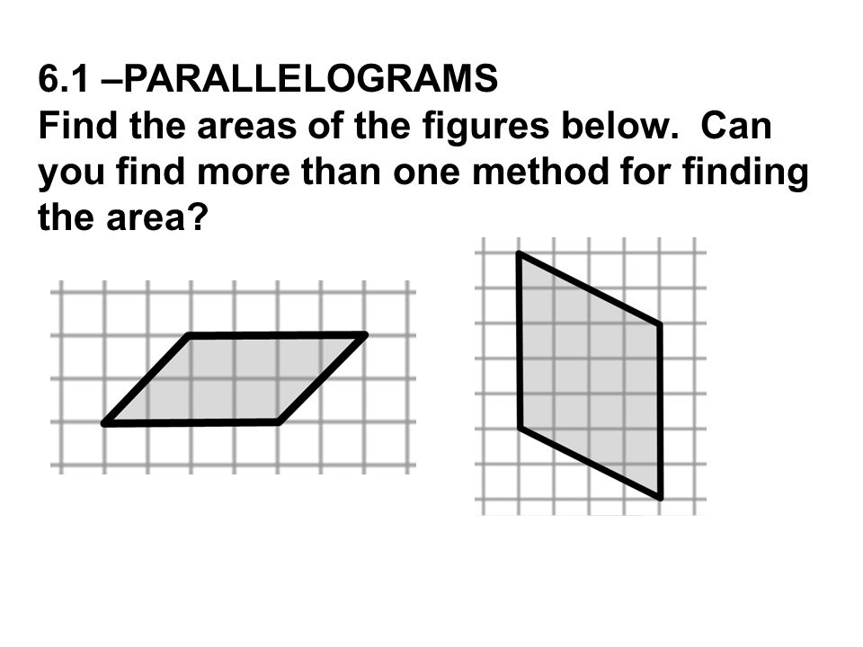 6.1 –PARALLELOGRAMS Find the areas of the figures below.