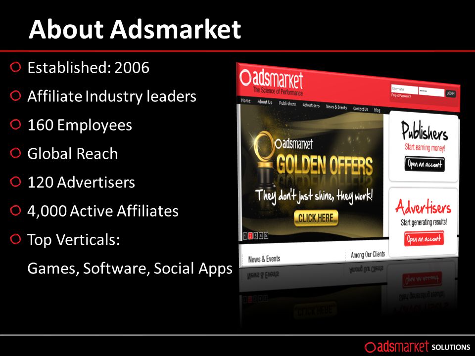 About Adsmarket Established: 2006 Affiliate Industry leaders 160 Employees Global Reach 120 Advertisers 4,000 Active Affiliates Top Verticals: Games, Software, Social Apps
