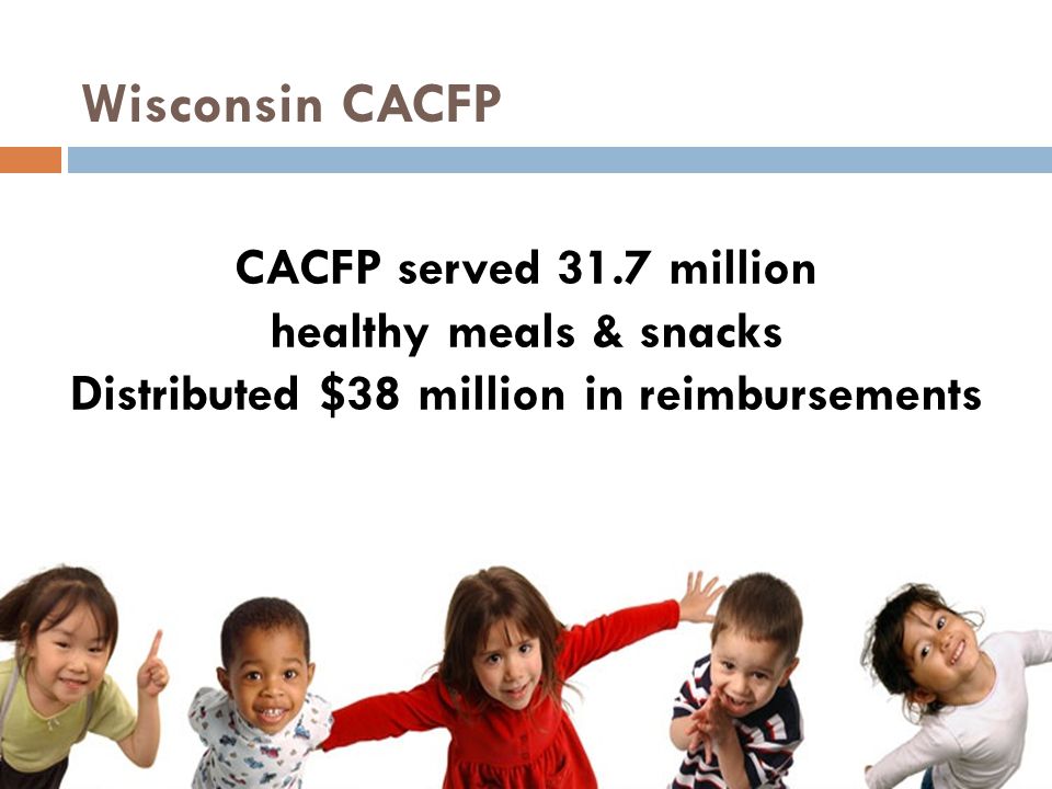 CACFP served 31.7 million healthy meals & snacks Distributed $38 million in reimbursements Wisconsin CACFP