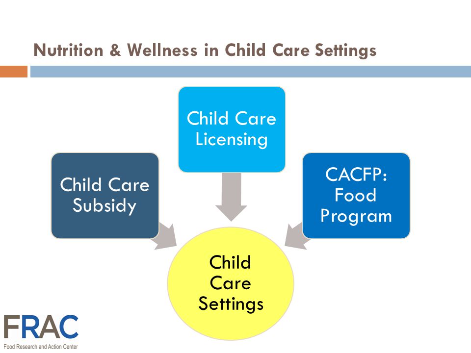 Child Care Settings Child Care Subsidy Child Care Licensing CACFP: Food Program Nutrition & Wellness in Child Care Settings