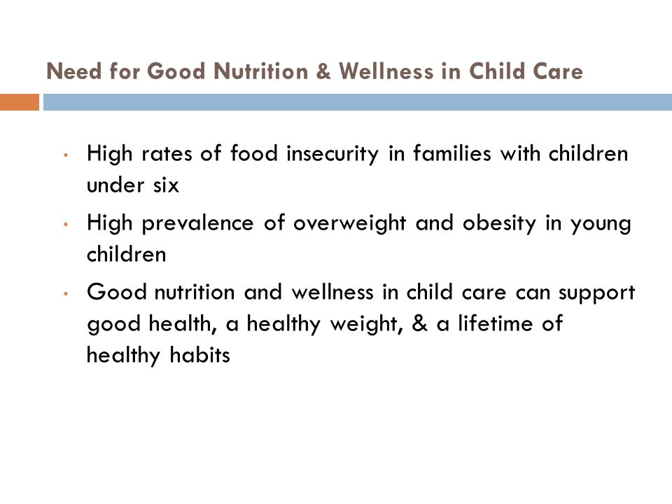 High rates of food insecurity in families with children under six High prevalence of overweight and obesity in young children Good nutrition and wellness in child care can support good health, a healthy weight, & a lifetime of healthy habits Need for Good Nutrition & Wellness in Child Care