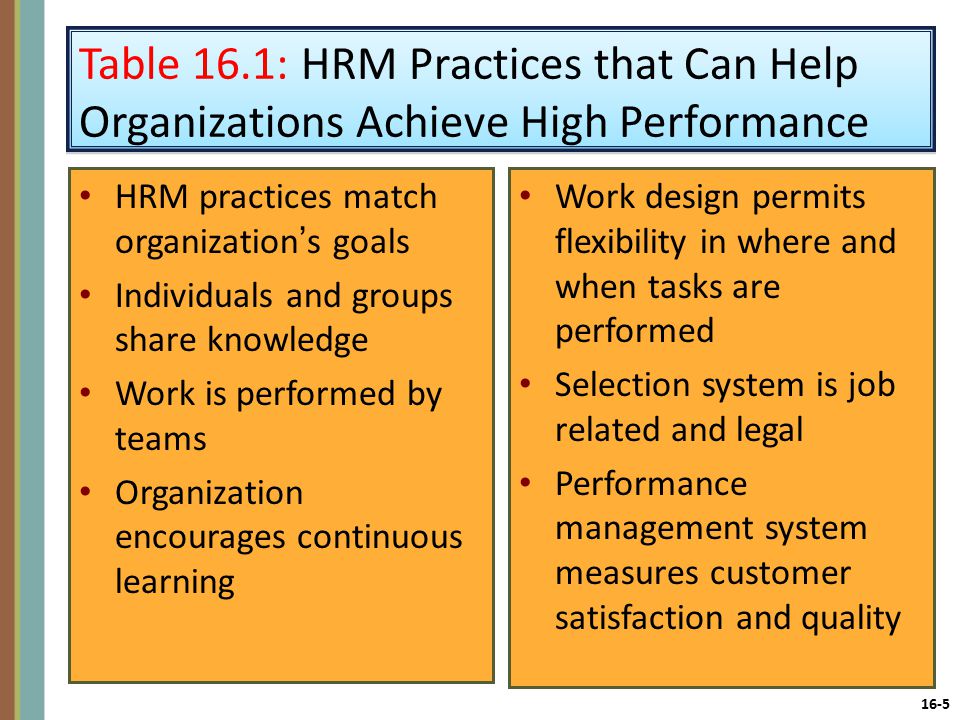 16-5 Table 16.1: HRM Practices that Can Help Organizations Achieve High Performance HRM practices match organization’s goals Individuals and groups share knowledge Work is performed by teams Organization encourages continuous learning Work design permits flexibility in where and when tasks are performed Selection system is job related and legal Performance management system measures customer satisfaction and quality
