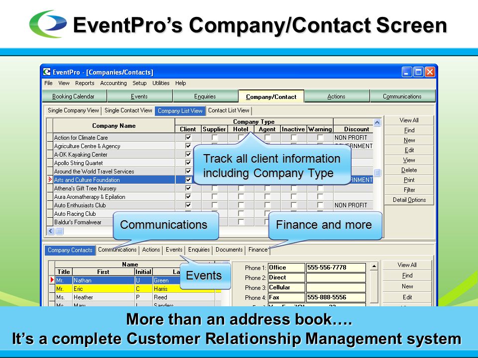 EventPro’s Company/Contact Screen More than an address book….