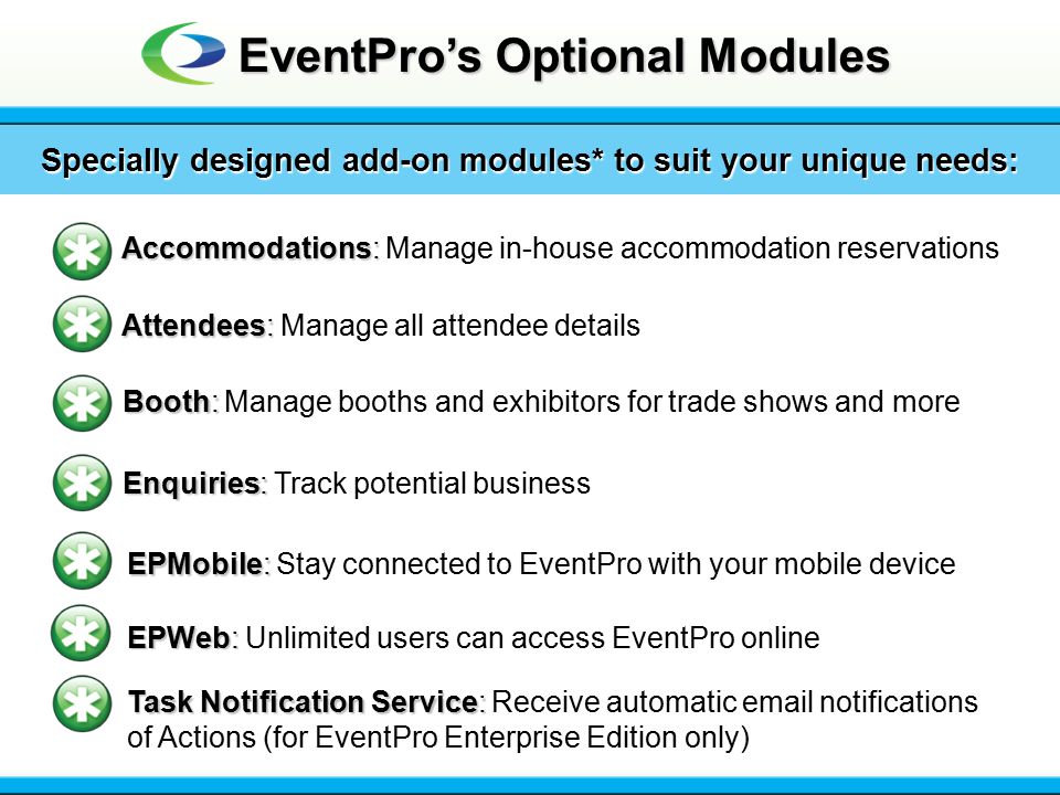 EventPro’s Optional Modules Specially designed add-on modules* to suit your unique needs: Booth: Booth: Manage booths and exhibitors for trade shows and more Enquiries: Enquiries: Track potential business Accommodations: Accommodations: Manage in-house accommodation reservations Attendees: Attendees: Manage all attendee details EPMobile: EPMobile: Stay connected to EventPro with your mobile device EPWeb: EPWeb: Unlimited users can access EventPro online Task Notification Service: Task Notification Service: Receive automatic  notifications of Actions (for EventPro Enterprise Edition only)